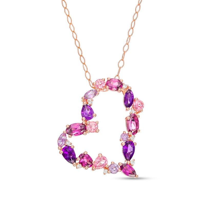 Main Image 1 of Multi-Gemstone and White Lab-Created Sapphire Tilted Heart Outline Pendant in Sterling Silver with 14K Rose Gold Plate