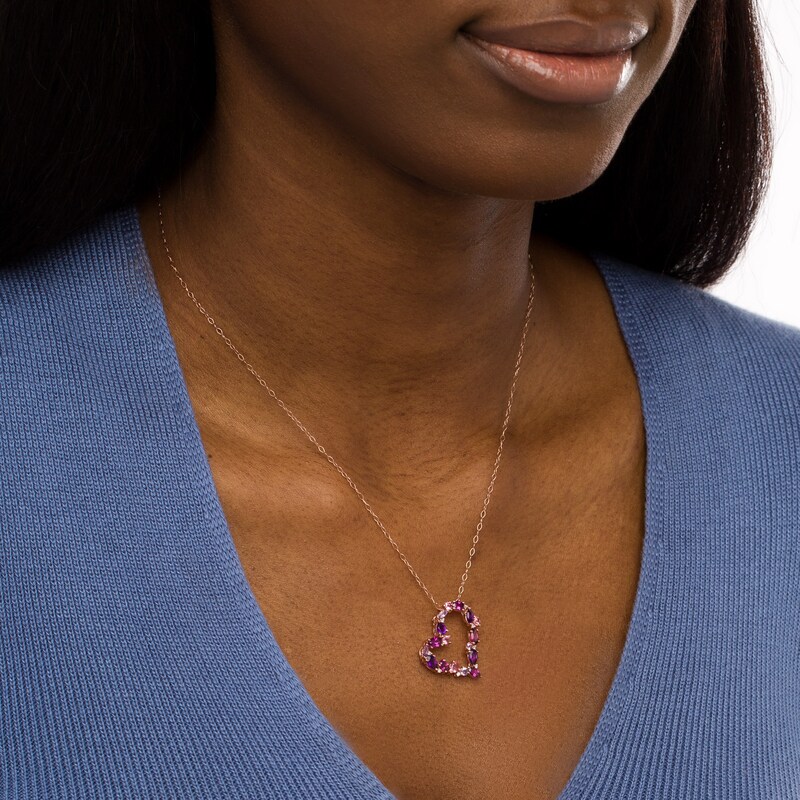 Main Image 2 of Multi-Gemstone and White Lab-Created Sapphire Tilted Heart Outline Pendant in Sterling Silver with 14K Rose Gold Plate