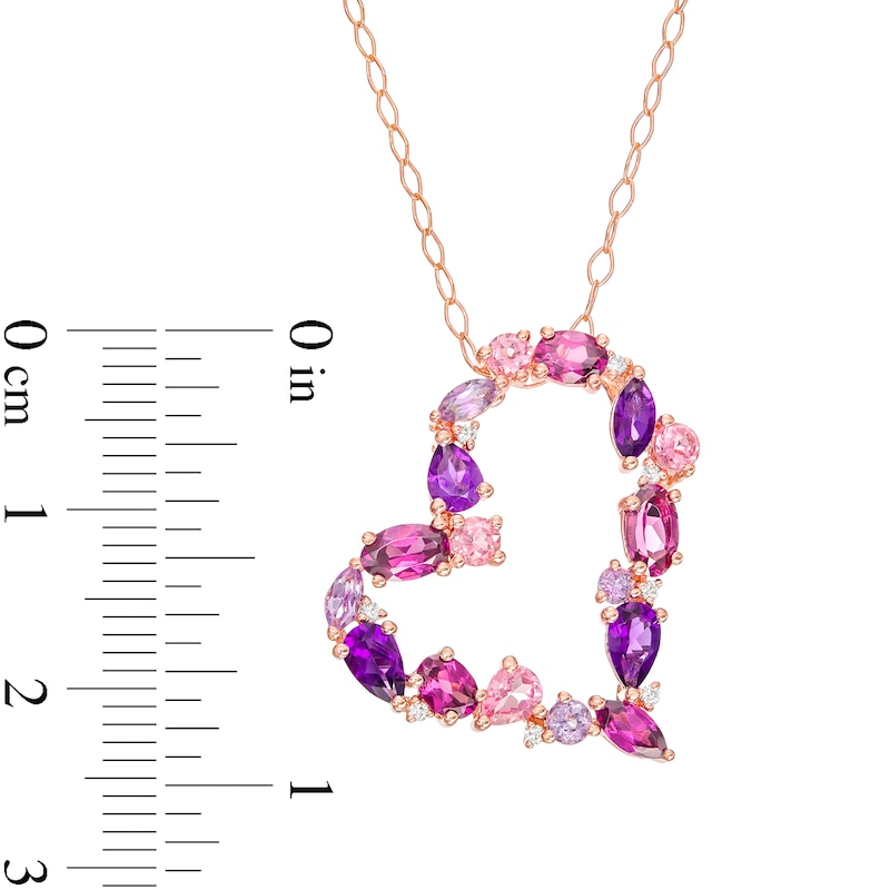 Main Image 3 of Multi-Gemstone and White Lab-Created Sapphire Tilted Heart Outline Pendant in Sterling Silver with 14K Rose Gold Plate