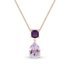 Thumbnail Image 0 of Pear-Shaped Pink Quartz, Cushion-Cut Amethyst and White Lab-Created Sapphire Double Drop Pendant in 10K Rose Gold