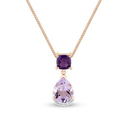 Pear-Shaped Pink Quartz, Cushion-Cut Amethyst and White Lab-Created Sapphire Double Drop Pendant in 10K Rose Gold