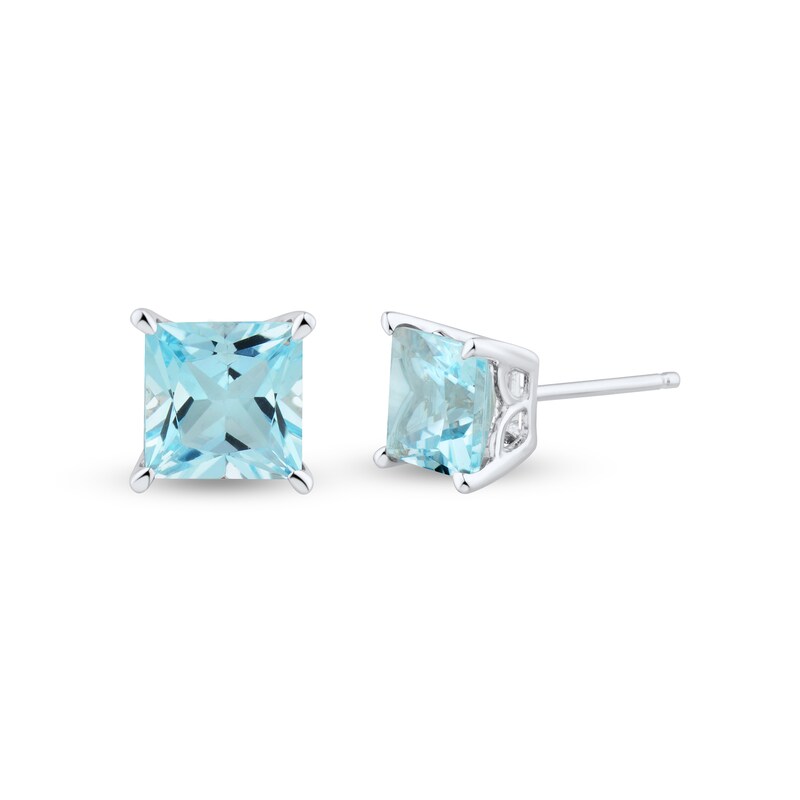 Main Image 1 of 6.0mm Princess-Cut Aquamarine Solitaire Stud Earrings in 10K White Gold