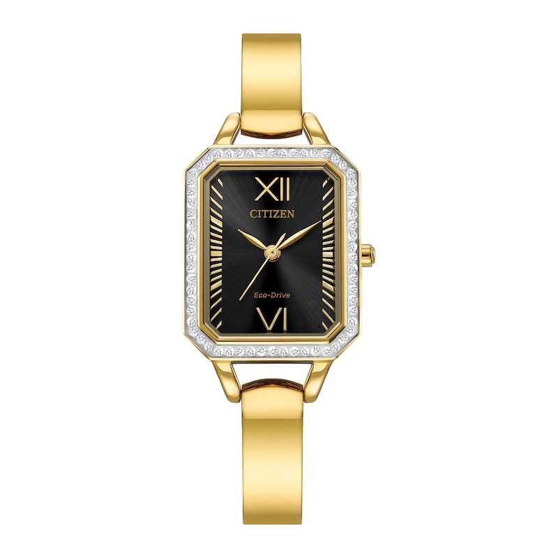 Main Image 1 of Ladies' Citizen Eco-Drive® Silhouette Crystal Gold-Tone Bangle Watch with Rectangular Black Dial (Model: EM0982-54E)