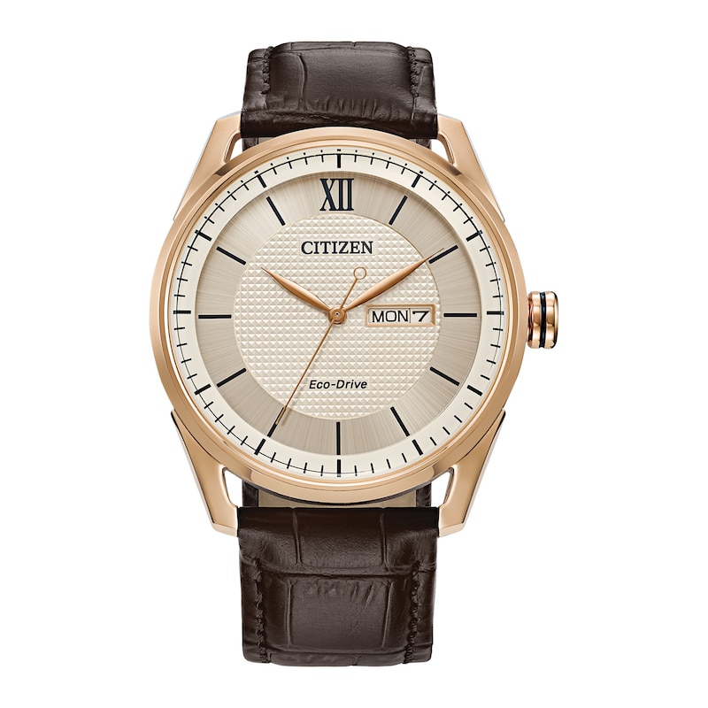 Main Image 1 of Men's Citizen Eco-Drive® Classic Rose-Tone Leather Strap Watch with Ivory Dial (Model: AW0082-01A)
