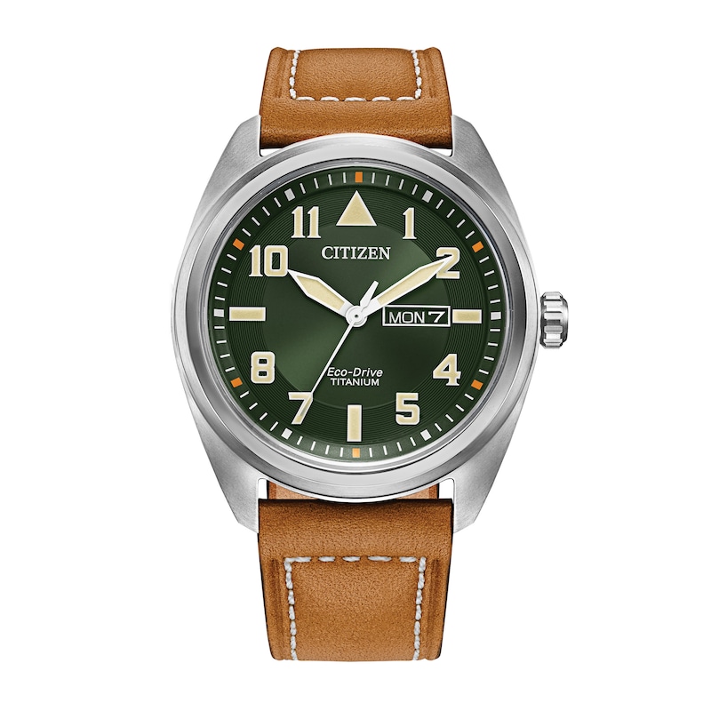 Main Image 1 of Men's Citizen Eco-Drive® Avion Super Titanium™ Leather Strap Watch with Green Dial (Model: BM8560-02X)