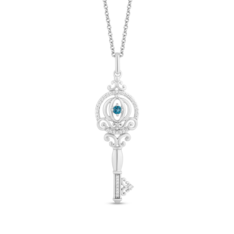 Enchanted Disney Cinderella London Blue Topaz and 1/10 CT. T.W. Diamond Key Pendant in Sterling Silver – 19"