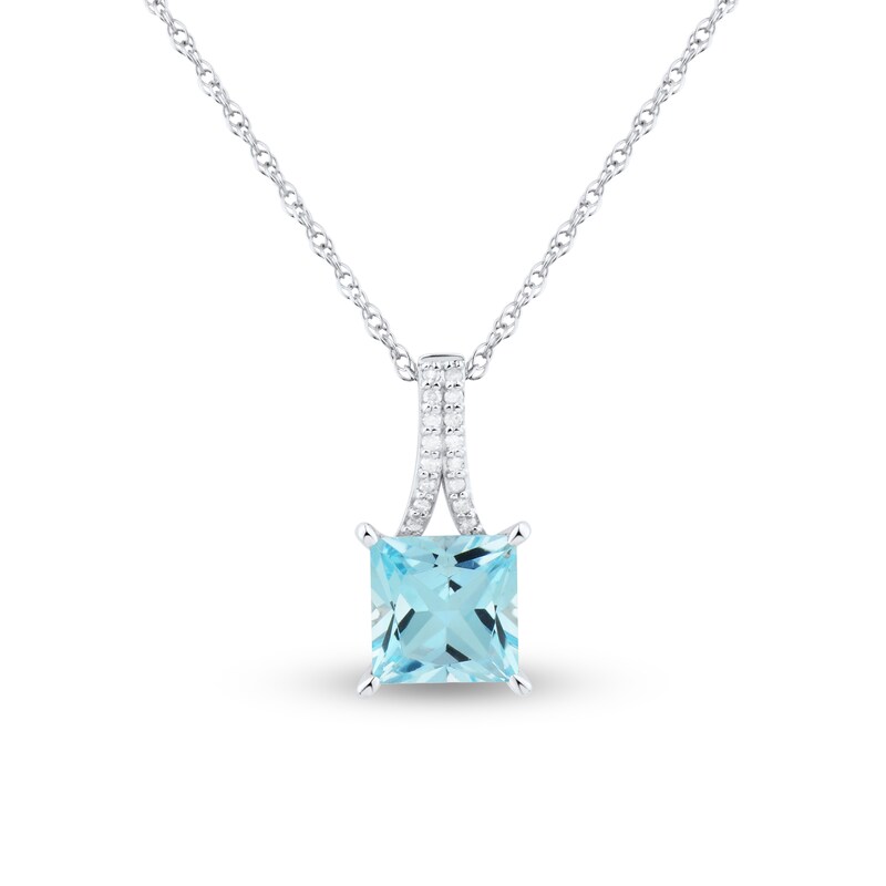 Main Image 1 of 7.0mm Princess-Cut Aquamarine and 1/20 CT. T.W. Diamond Split Bale Drop Pendant in 10K White Gold