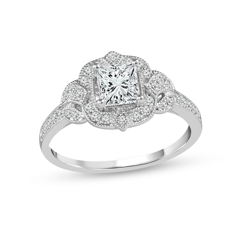 1 CT. T.W. Princess-Cut Diamond Ornate Frame Vintage-Style Engagement Ring in 14K White Gold