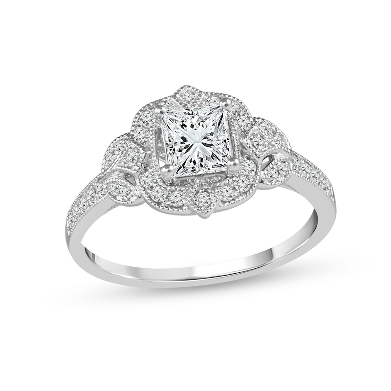 Main Image 1 of 1 CT. T.W. Princess-Cut Diamond Ornate Frame Vintage-Style Engagement Ring in 14K White Gold