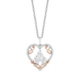 Enchanted Disney Princess 1/10 CT. T.W. Diamond Castle in Heart Pendant in Sterling Silver and 10K Rose Gold – 19"
