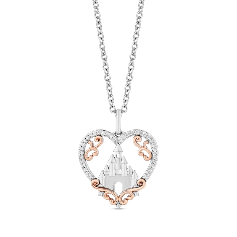 Main Image 1 of Enchanted Disney Princess 1/10 CT. T.W. Diamond Castle in Heart Pendant in Sterling Silver and 10K Rose Gold – 19&quot;