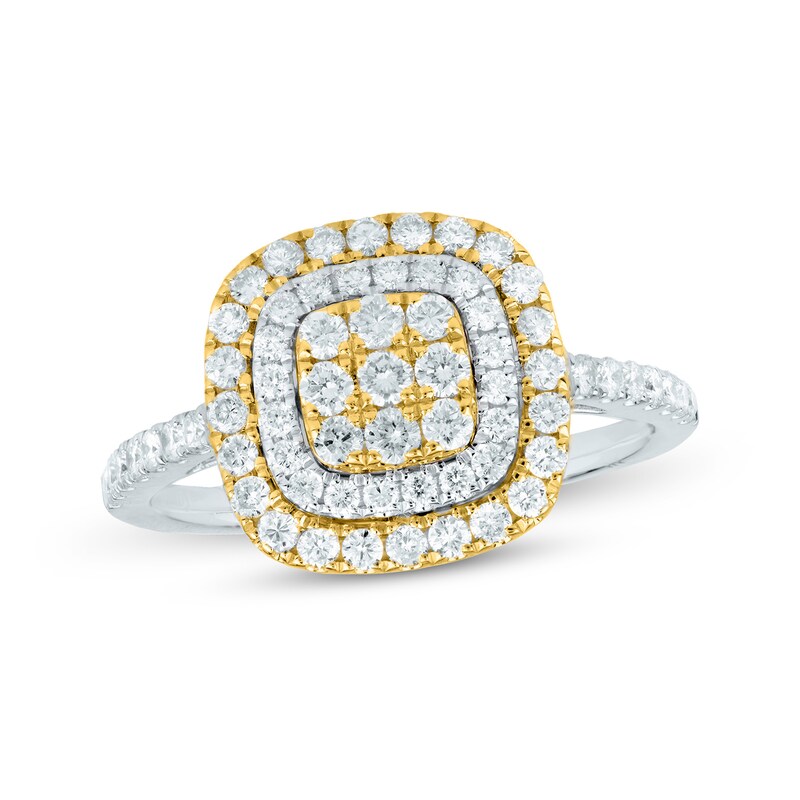 Main Image 1 of 3/4 CT. T.W. Composite Diamond Cushion-Shaped Frame Engagement Ring in 18K White and Yellow Gold
