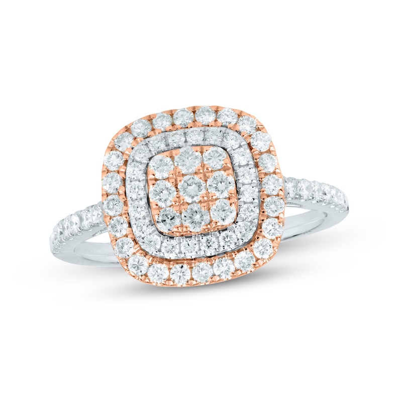 3/4 CT. T.W. Composite Diamond Cushion-Shaped Frame Engagement Ring in 18K White and Rose Gold