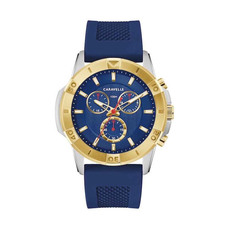 Main Image 1 of Men's Caravelle by Bulova Aqualuxx Two-Tone Chronograph Silicone Strap Watch with Blue Dial (Model: 45B161)