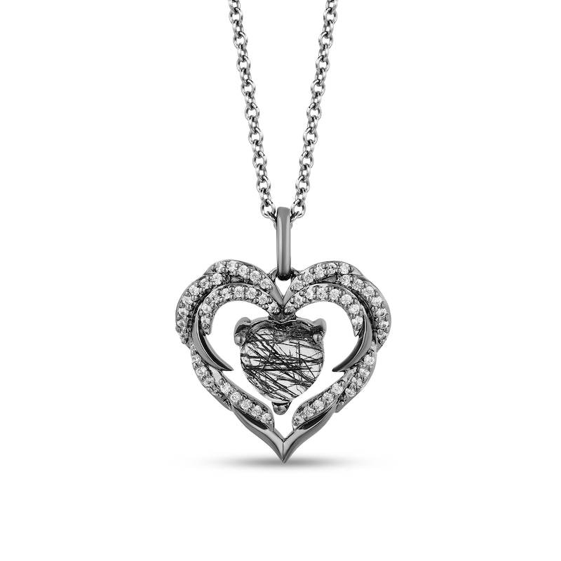 Main Image 1 of Enchanted Disney Villains Maleficent Black Quartz and 1/5 CT. T.W. Diamond Heart Pendant in Sterling Silver - 19"