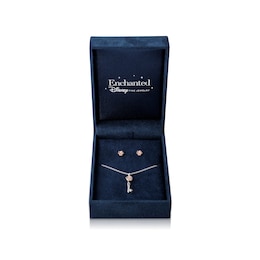 Enchanted Disney Belle Diamond Accent Rose Key Pendant and Stud Earrings Set in Sterling Silver and 10K Rose Gold – 19&quot;