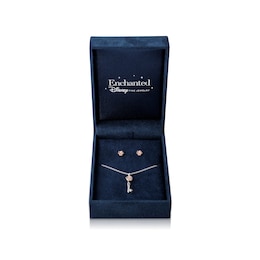 Enchanted Disney Belle Diamond Accent Rose Key Pendant and Stud Earrings Set in Sterling Silver and 10K Rose Gold – 19"
