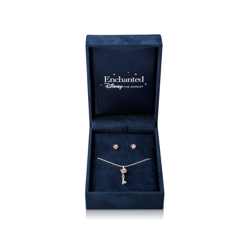 Enchanted Disney Belle Diamond Accent Rose Key Pendant and Stud Earrings Set in Sterling Silver and 10K Rose Gold – 19"