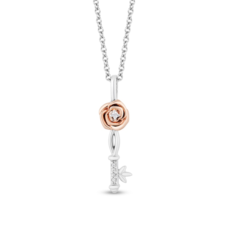 Enchanted Disney Belle Diamond Accent Rose Key Pendant and Stud Earrings Set in Sterling Silver and 10K Rose Gold – 19"