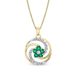 Emerald and 1/6 CT. T.W. Diamond Flower Swirl Pendant in 14K Gold