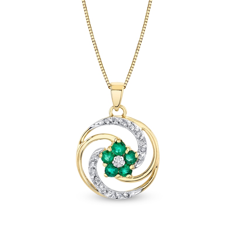 Main Image 1 of Emerald and 1/6 CT. T.W. Diamond Flower Swirl Pendant in 14K Gold
