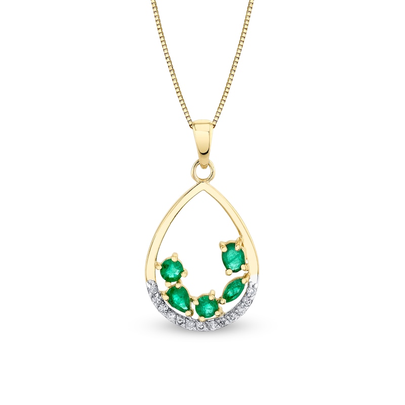 Main Image 1 of Multi-Shaped Emerald and 1/8 CT. T.W. Diamond Teardrop Pendant in 14K Gold