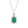 Thumbnail Image 0 of Emerald-Cut Emerald and 1/4 CT. T.W. Baguette and Round Diamond Frame Sunburst Pendant in 14K White Gold
