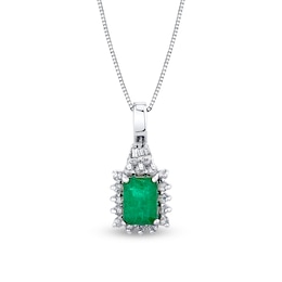 Emerald-Cut Emerald and 1/4 CT. T.W. Baguette and Round Diamond Frame Sunburst Pendant in 14K White Gold