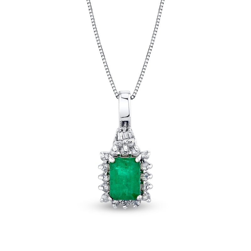 Main Image 1 of Emerald-Cut Emerald and 1/4 CT. T.W. Baguette and Round Diamond Frame Sunburst Pendant in 14K White Gold