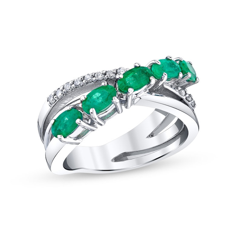 Oval Emerald and 1/10 CT. T.W. Diamond Five Stone Orbit Ring in 14K White Gold