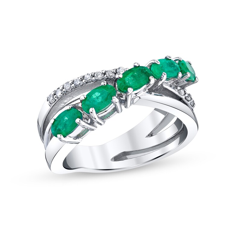 Main Image 1 of Oval Emerald and 1/10 CT. T.W. Diamond Five Stone Orbit Ring in 14K White Gold