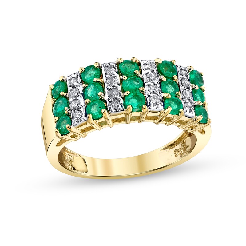 Emerald Trios and 1/5 CT. T.W. Diamond Alternating Multi-Row Band in 14K Gold