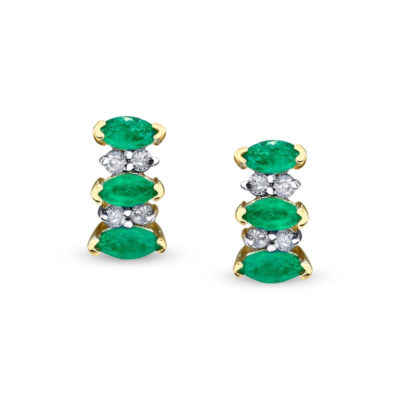 Main Image 2 of Sideways Marquise Emerald and 1/15 CT. T.W. Diamond Duos Alternating Stud Earrings in 14K Gold