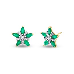 Marquise Emerald and 1/5 CT. T.W. Diamond Flower Stud Earrings in 14K Gold