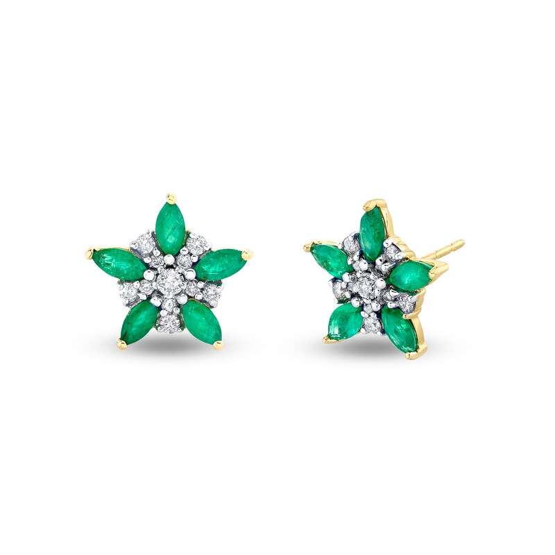 Main Image 1 of Marquise Emerald and 1/5 CT. T.W. Diamond Flower Stud Earrings in 14K Gold