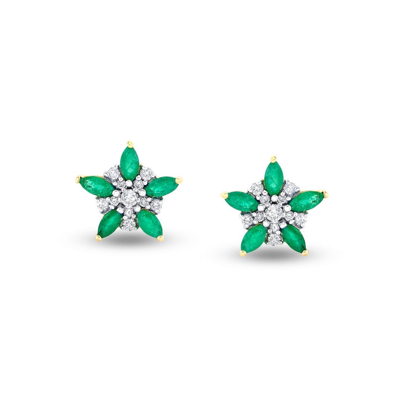 Main Image 2 of Marquise Emerald and 1/5 CT. T.W. Diamond Flower Stud Earrings in 14K Gold