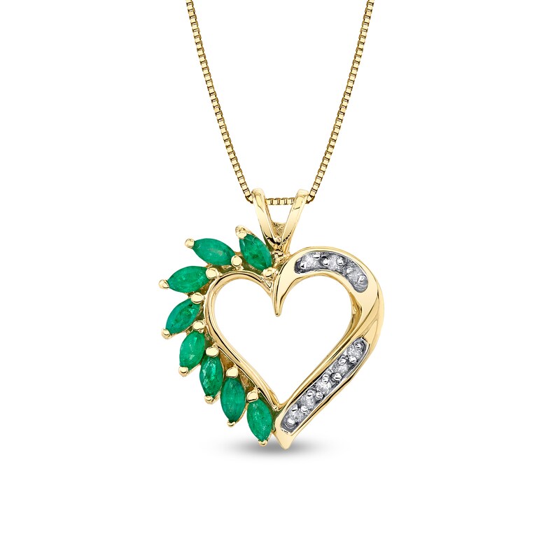 Main Image 1 of Marquise Emerald and 1/15 CT. T.W. Diamond Shadow Heart Pendant in 14K Gold