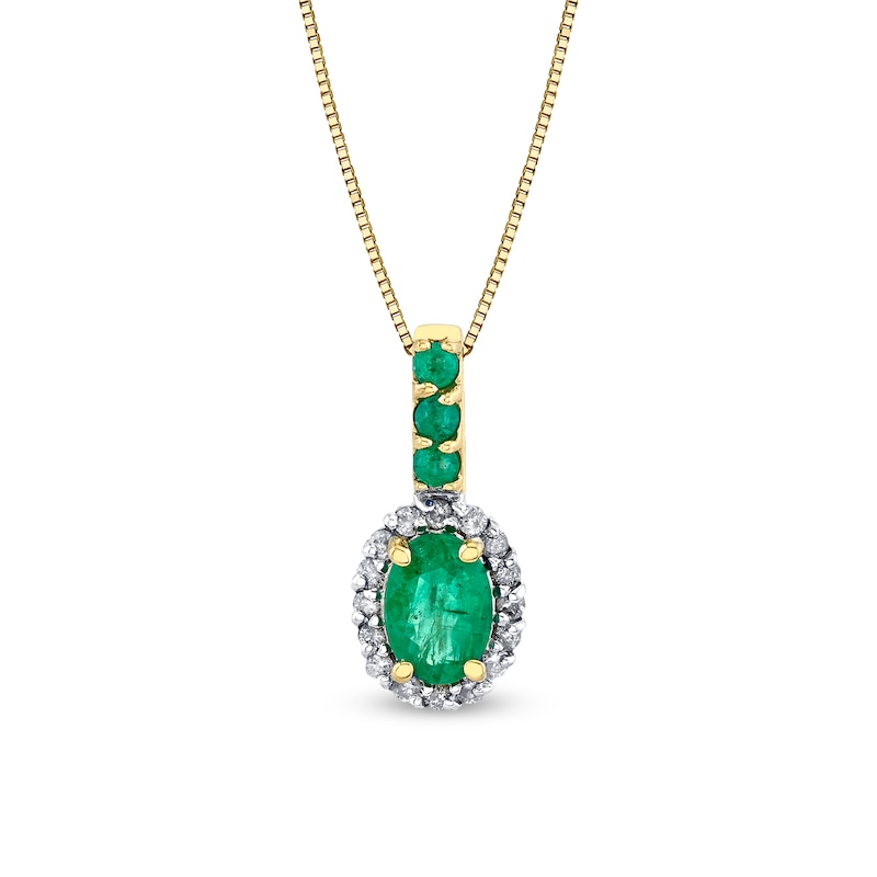 Oval Emerald and 1/6 CT. T.W. Diamond Frame Drop Pendant in 14K Gold ...