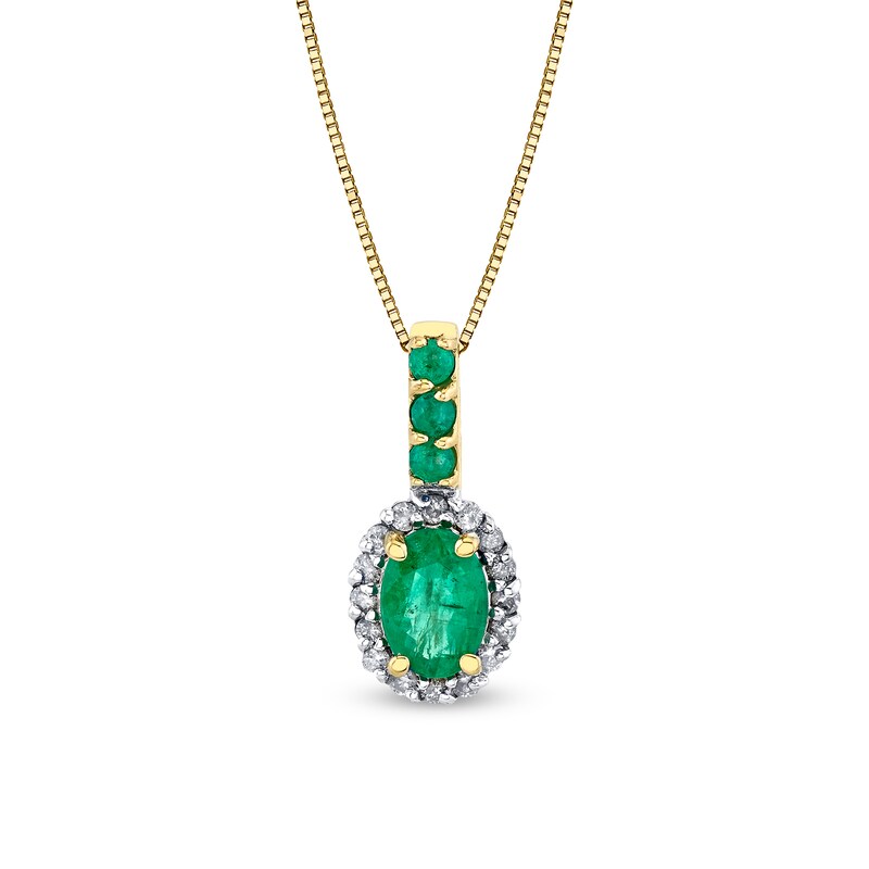 Main Image 1 of Oval Emerald and 1/6 CT. T.W. Diamond Frame Drop Pendant in 14K Gold