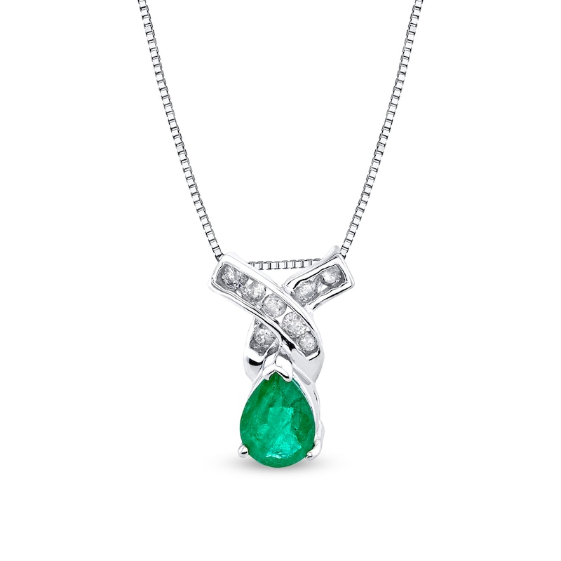 Pear-Shaped Emerald and 1/8 CT. T.W. Diamond Twist Pendant in 14K White Gold