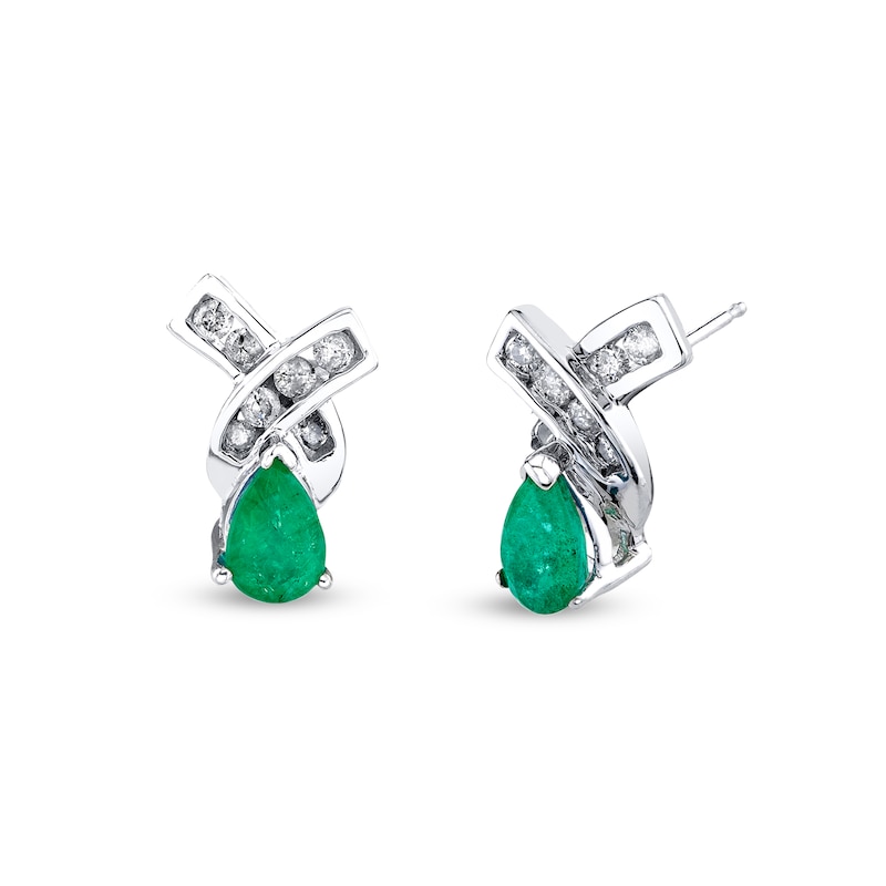 Pear-Shaped Emerald and 1/4 CT. T.W. Diamond Twist Stud Earrings in 14K White Gold