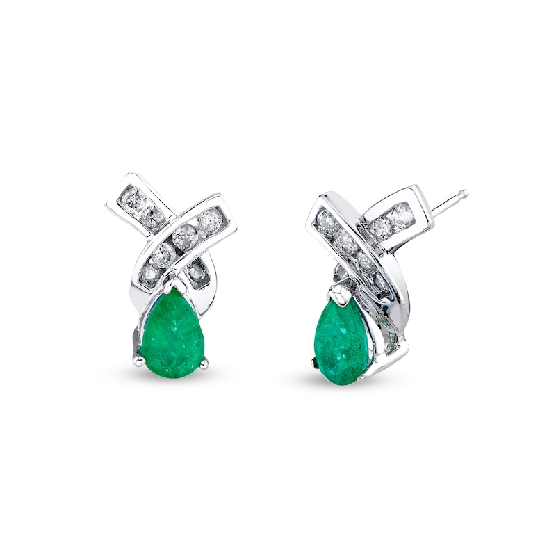 Main Image 1 of Pear-Shaped Emerald and 1/4 CT. T.W. Diamond Twist Stud Earrings in 14K White Gold