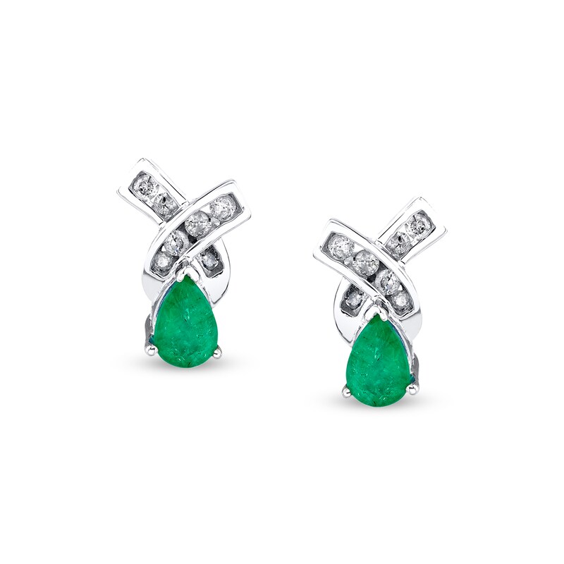 Main Image 2 of Pear-Shaped Emerald and 1/4 CT. T.W. Diamond Twist Stud Earrings in 14K White Gold