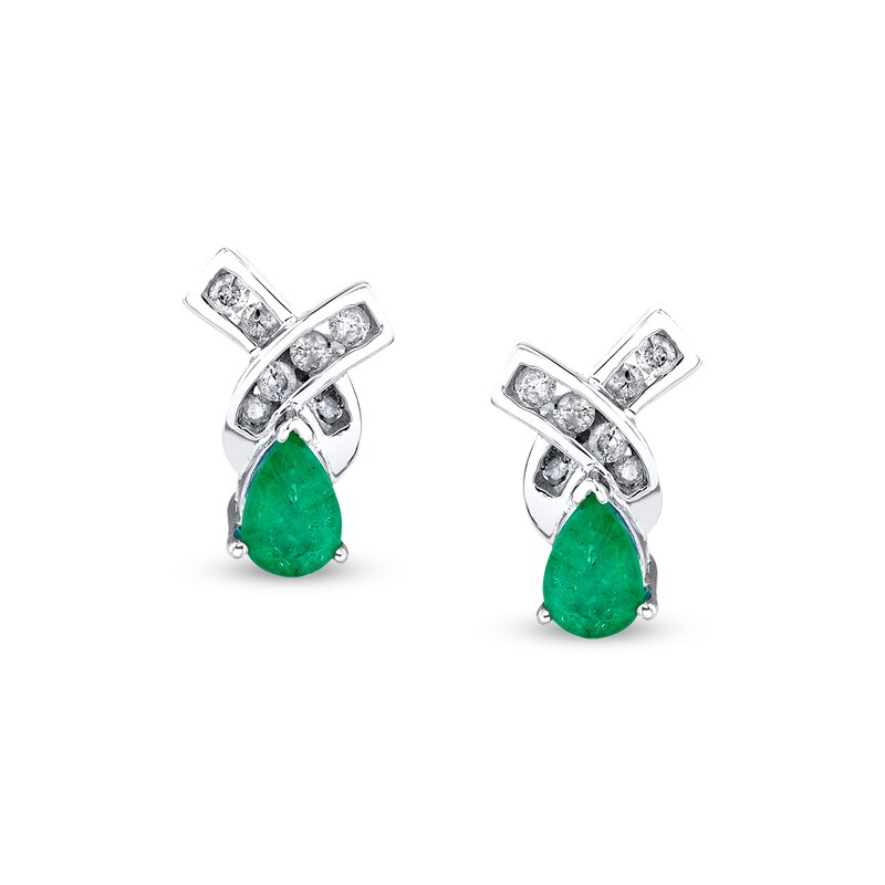 Pear-Shaped Emerald and 1/4 CT. T.W. Diamond Twist Stud Earrings in 14K White Gold