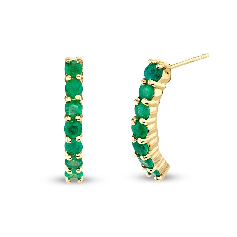Main Image 1 of Emerald J-Hoop Earrings in 14K Gold