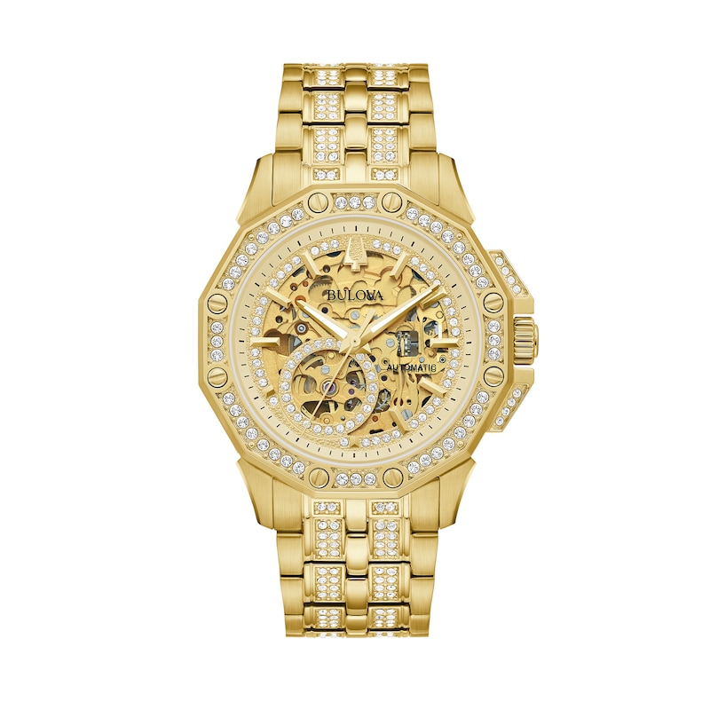 Main Image 1 of Men's Bulova Octava Crystal Accent Gold-Tone Automatic Watch with Gold-Tone Skeleton Dial (Model: 98A292)