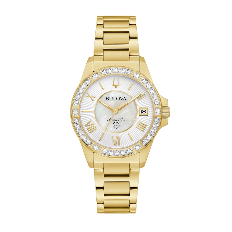Ladies' Bulova Marine Star Diamond Accent Gold-Tone Watch with Mother-of-Pearl Dial (Model: 98R294)
