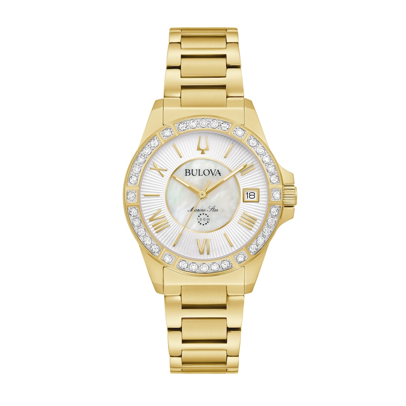 Main Image 1 of Ladies' Bulova Marine Star 1/10 CT. T.W. Diamond Gold-Tone Watch with Mother-of-Pearl Dial (Model: 98R294)