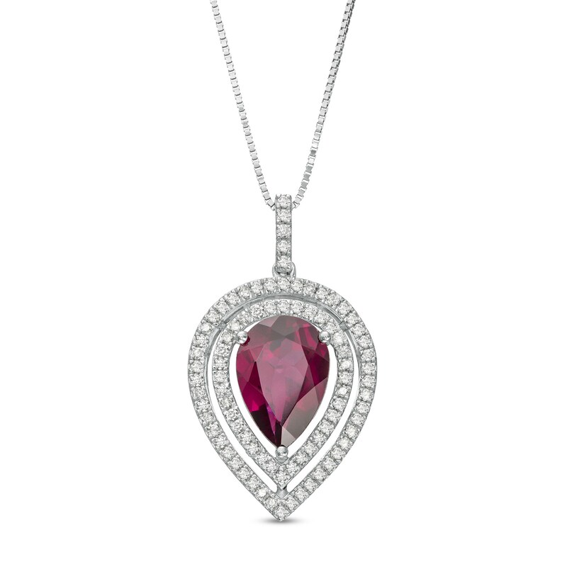 Main Image 1 of Marilyn Monroe™ Collection Pear-Shaped Rhodolite Garnet and 1/4 CT. T.W. Diamond Double Frame Pendant in 10K White Gold