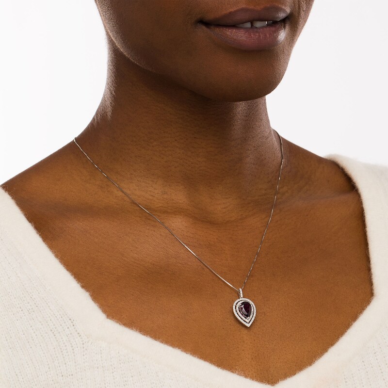 Main Image 3 of Marilyn Monroe™ Collection Pear-Shaped Rhodolite Garnet and 1/4 CT. T.W. Diamond Double Frame Pendant in 10K White Gold